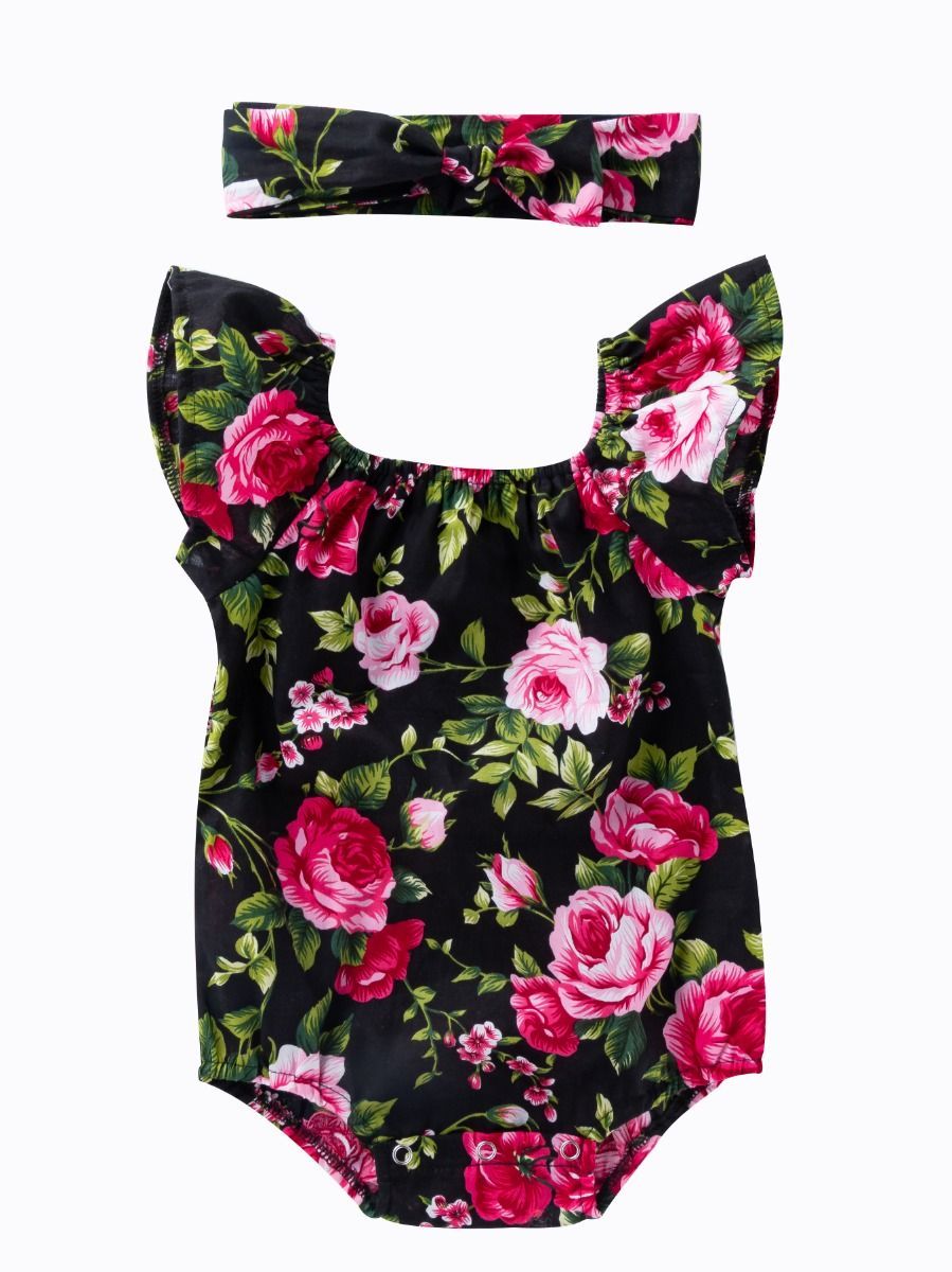 Floral Short Flutter Sleeve Baby Girl Onesie with Headband - dianjiang-