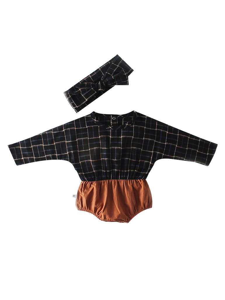 Baby Girl Checked Patchwork Romper with Bow Headband - dianjiang-