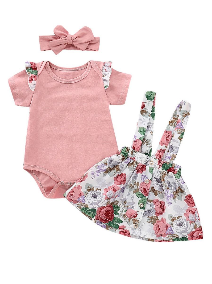 Baby Girl Summer 3-piece Outfits Flutter Sleeve Bodysuit+ Jumper Skirt +Pink Headband - dianjiang-