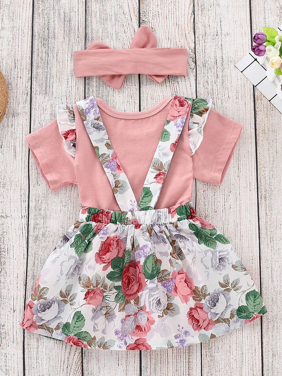 Baby Girl Summer 3-piece Outfits Flutter Sleeve Bodysuit+ Jumper Skirt +Pink Headband - dianjiang-