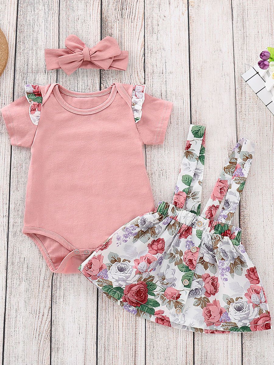 Baby Girl Summer 3-piece Outfits Flutter Sleeve Bodysuit+ Jumper Skirt +Pink Headband - dianjiang-