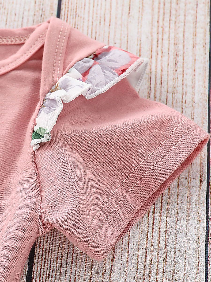 Baby Girl Summer 3-piece Outfits Flutter Sleeve Bodysuit+ Jumper Skirt +Pink Headband - dianjiang-