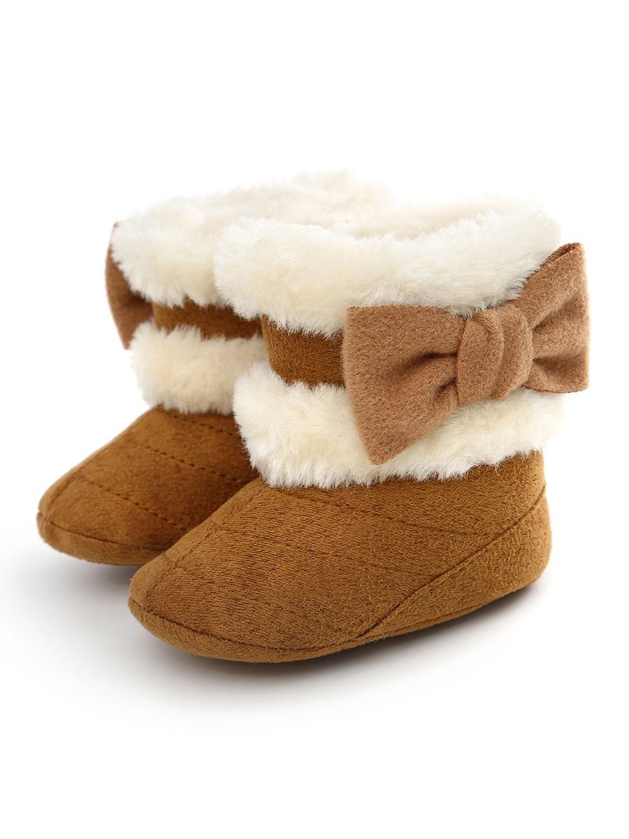 Baby Girl Winter Warm Fleece Big Bow Prewalker Boots - dianjiang-
