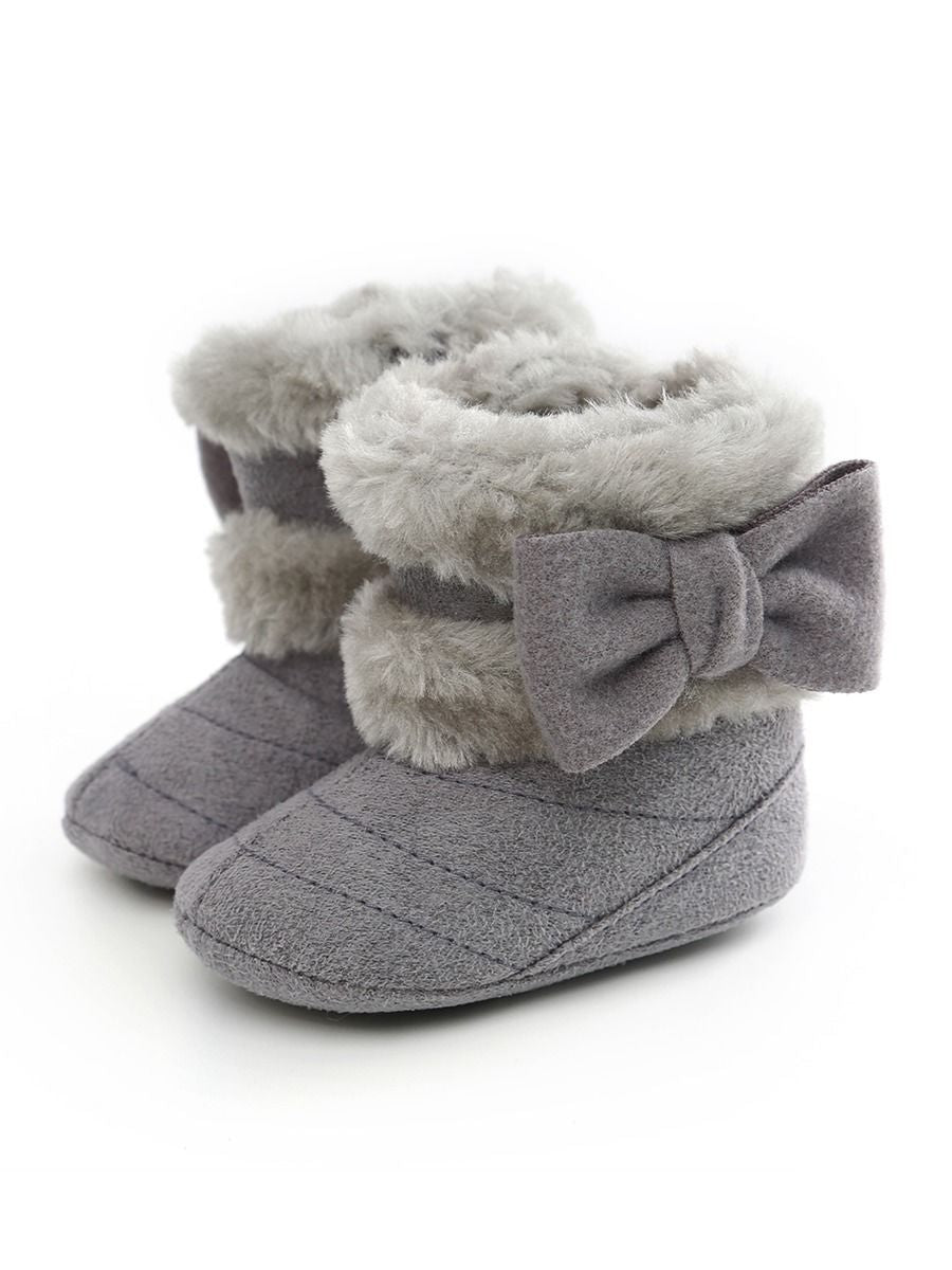Baby Girl Winter Warm Fleece Big Bow Prewalker Boots - dianjiang-