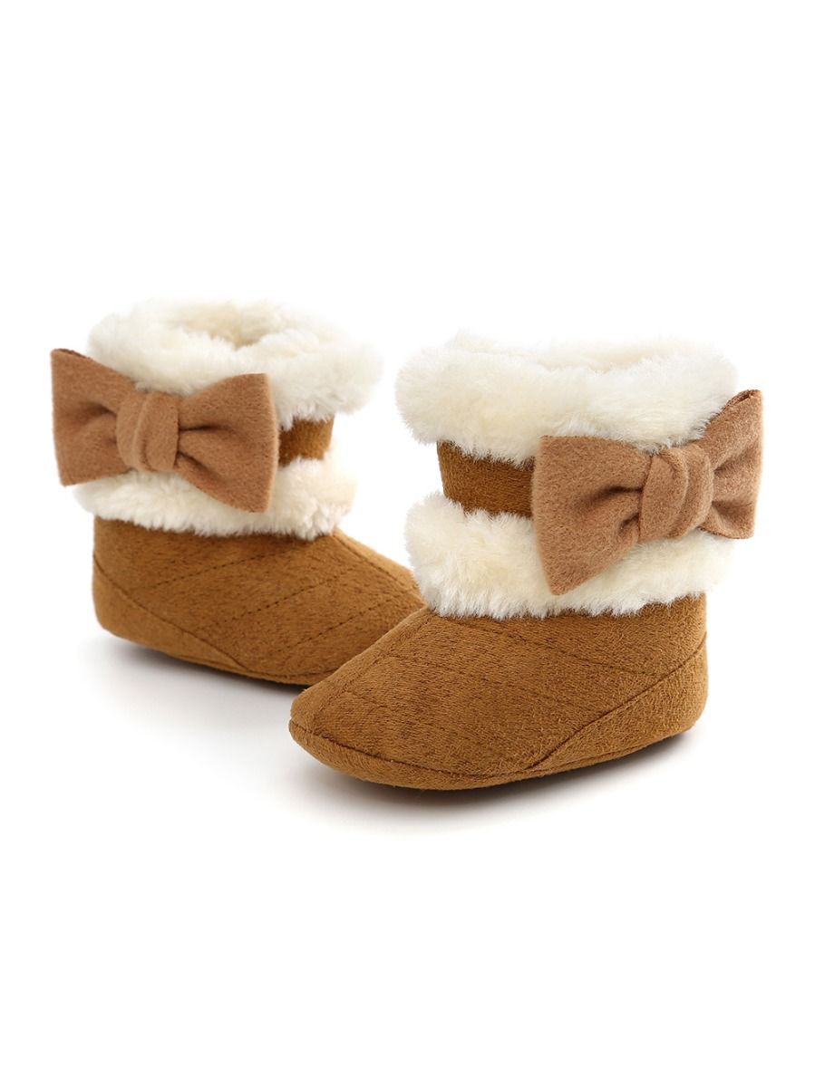 Baby Girl Winter Warm Fleece Big Bow Prewalker Boots - dianjiang-