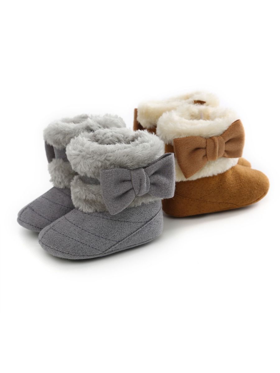 Baby Girl Winter Warm Fleece Big Bow Prewalker Boots - dianjiang-
