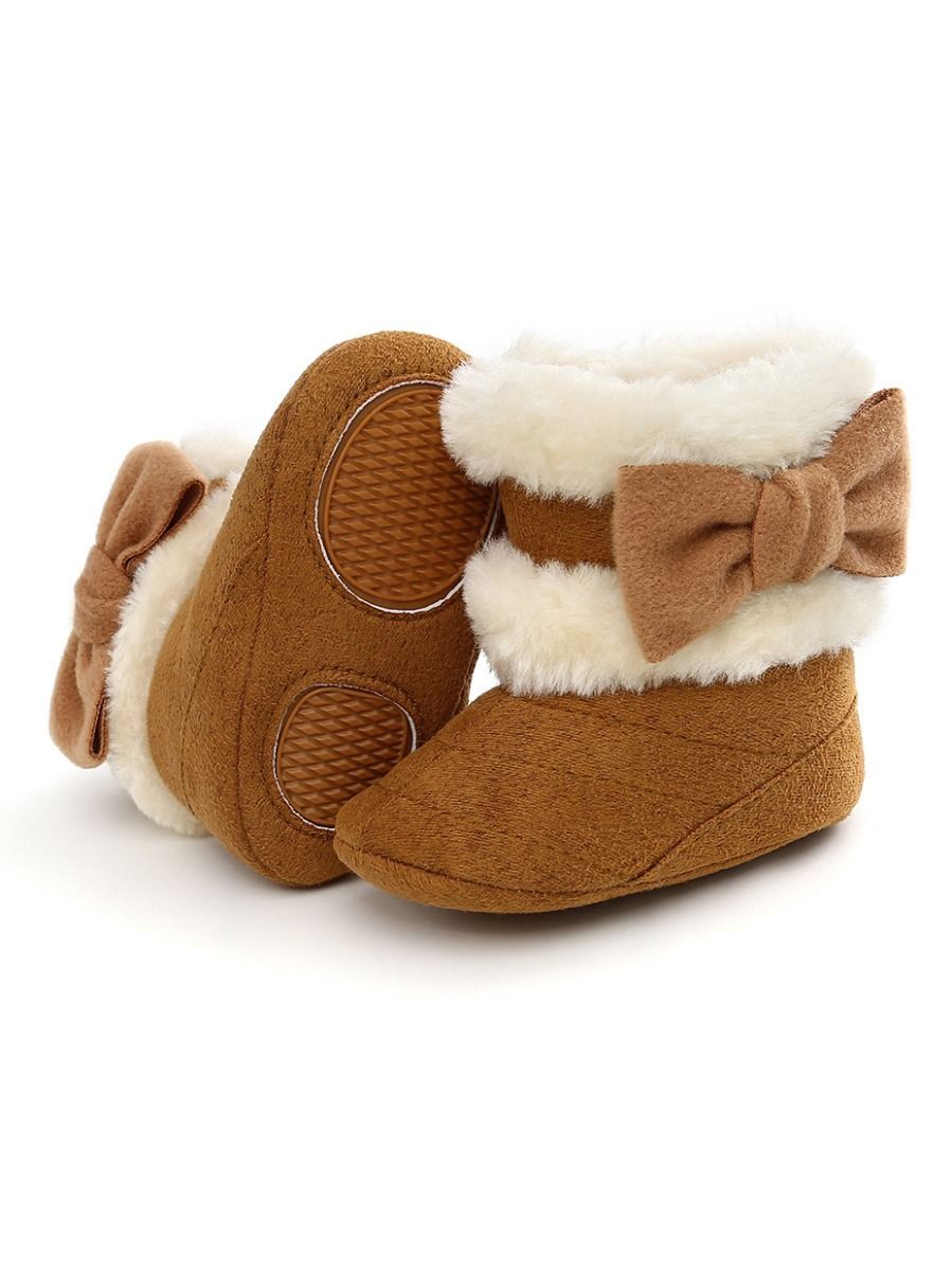 Baby Girl Winter Warm Fleece Big Bow Prewalker Boots - dianjiang-