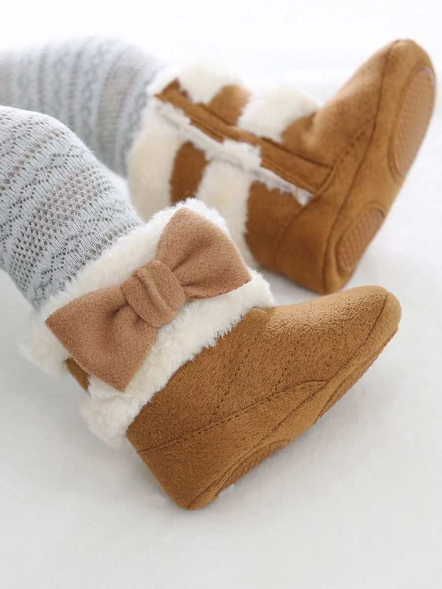 Baby Girl Winter Warm Fleece Big Bow Prewalker Boots - dianjiang-