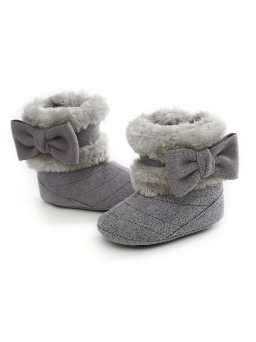 Baby Girl Winter Warm Fleece Big Bow Prewalker Boots - dianjiang-