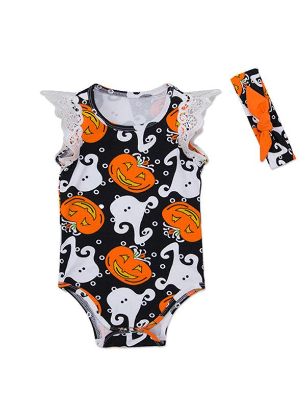Baby Girls 2-piece Halloween Sleeveless Romper Matching Headband Set - dianjiang-