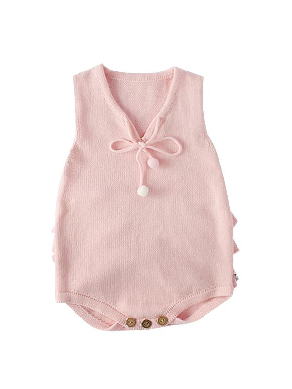 Flounced Knitted Cotton Romper Sleeveless Solid Color Baby Girls Bodysuit - dianjiang-