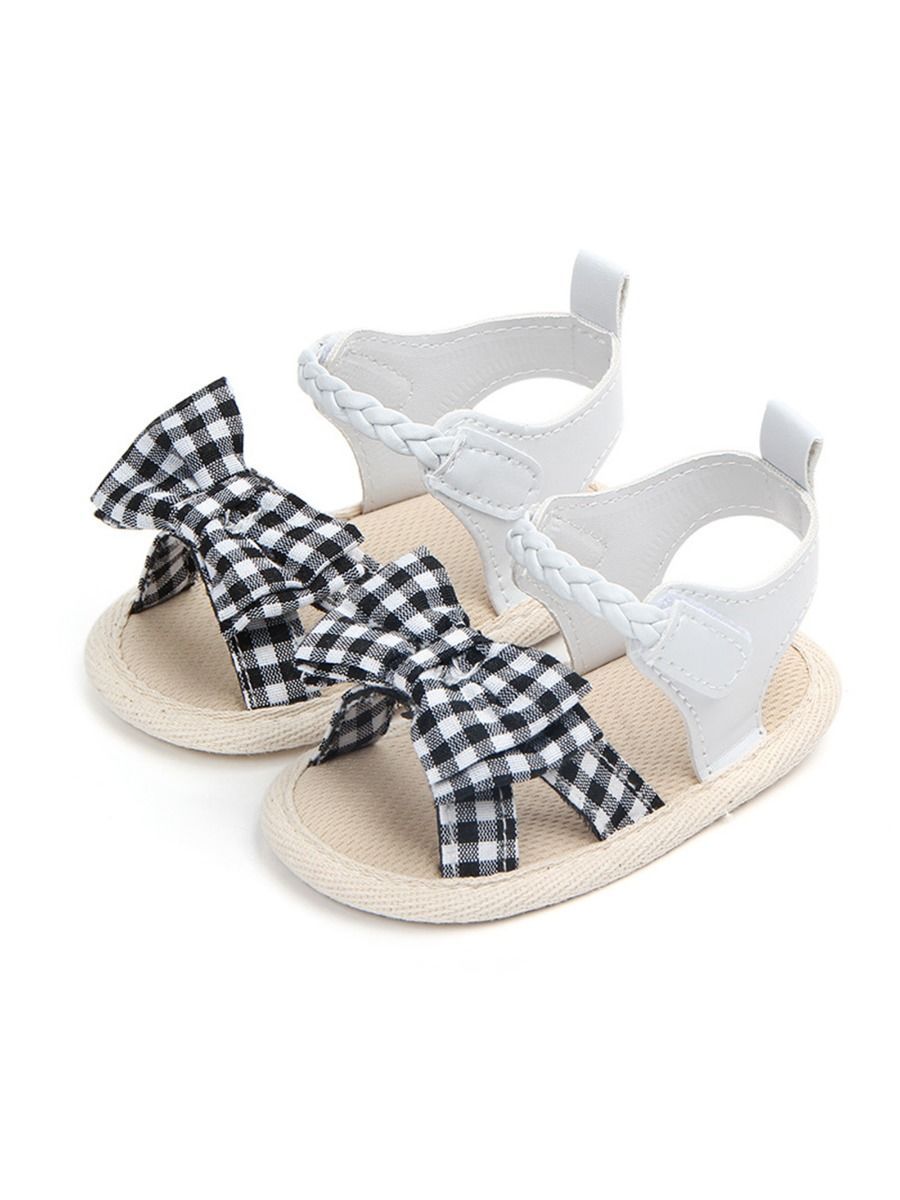 Solid Color Plaid Bow Trim Baby Girls Sandals Summer - dianjiang-