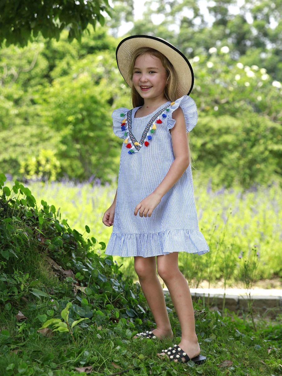 Baby Little Girl Clothes Tassel Trimmed Pinstripe Shift Dress - dianjiang-