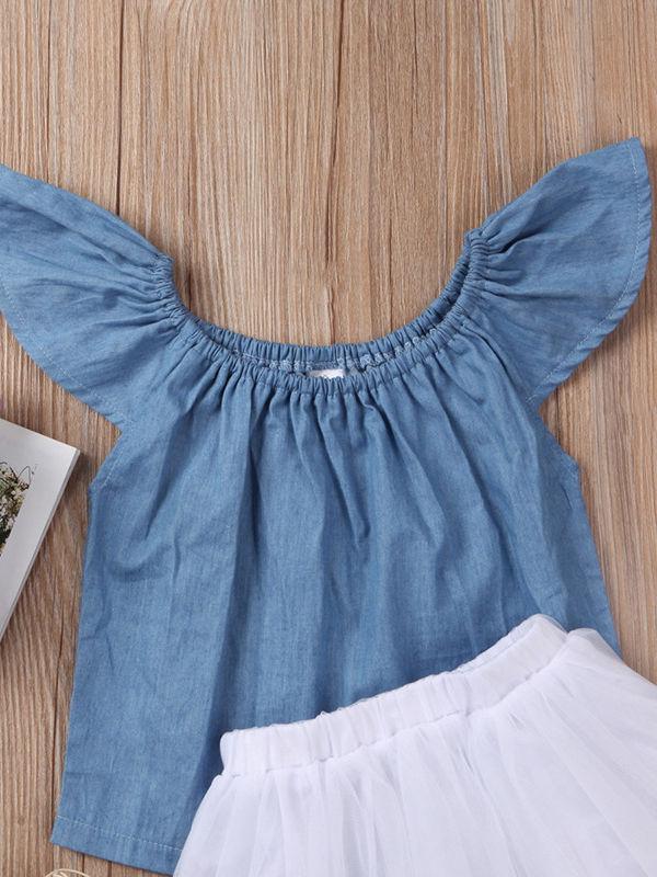 Baby Little Girl Clothes Outfits Off-shoulder Flutter Sleeve Denim Top + White Mesh Skirt - dianjiang-