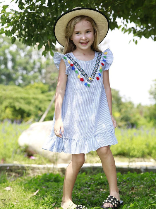 Baby Little Girl Clothes Tassel Trimmed Pinstripe Shift Dress - dianjiang-