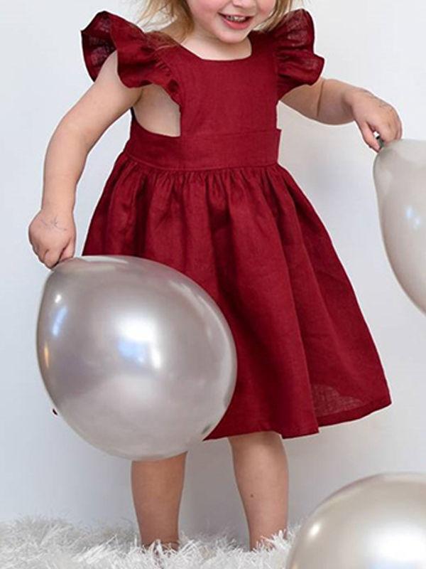 Baby Little Girls Flutter Sleeve Solid Color Dress - dianjiang-