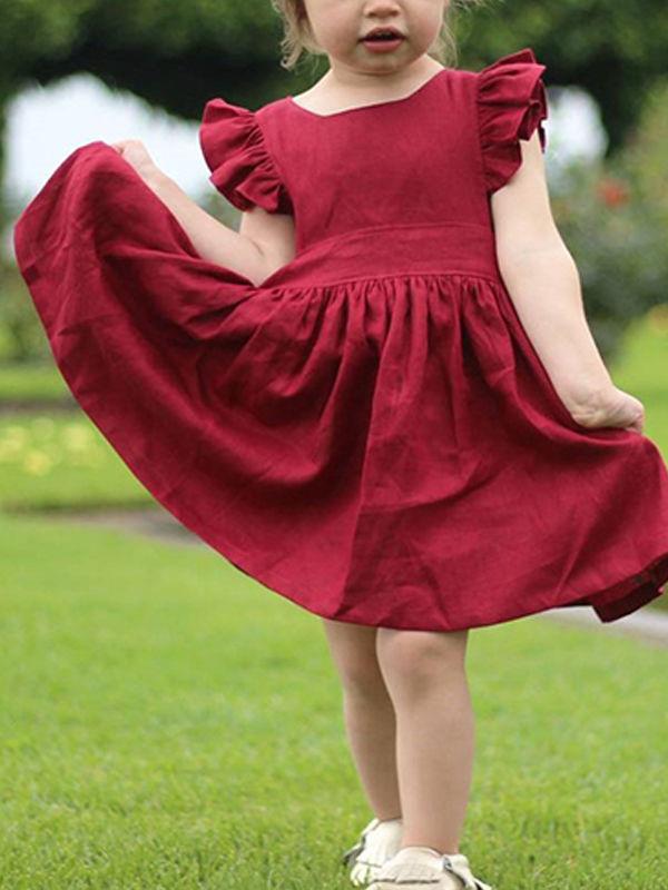 Baby Little Girls Flutter Sleeve Solid Color Dress - dianjiang-