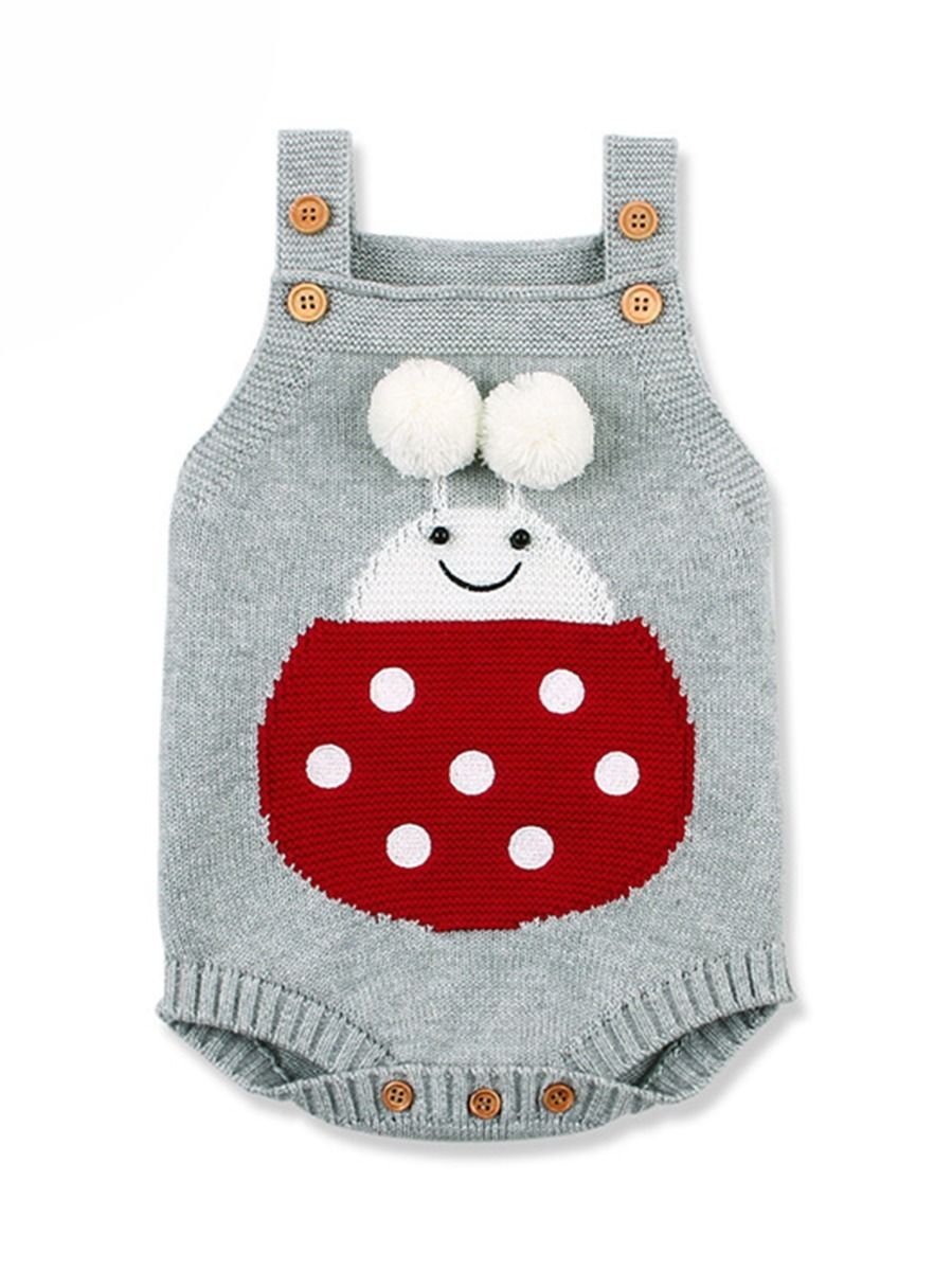 Infant Baby Pom-Pom Ladybug Knitted Onesies Pink and Gray - dianjiang-