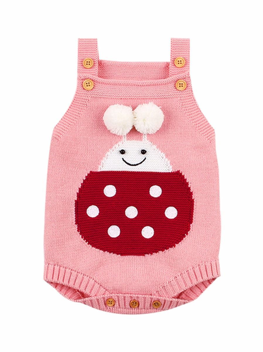 Infant Baby Pom-Pom Ladybug Knitted Onesies Pink and Gray - dianjiang-