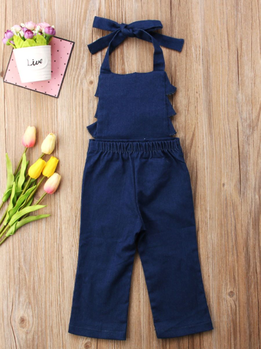 Fashion Ruffle Halter Neck Backless Blue Baby Romper Overall - dianjiang-