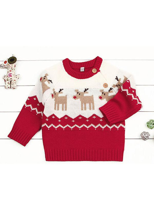 Deer Print Splicing Knitwear Acrylic Round Collar Baby Sweater - dianjiang-