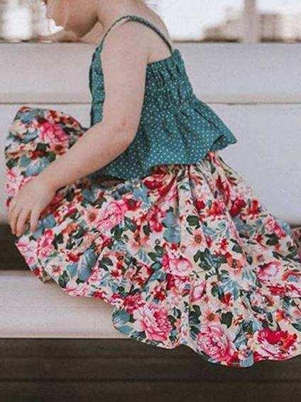 2-Piece Outfits Set Baby Toddler Big Girl Clothes Polka Dots Ruffle Top+Flower Asymmetrical Hemline Dress - dianjiang-