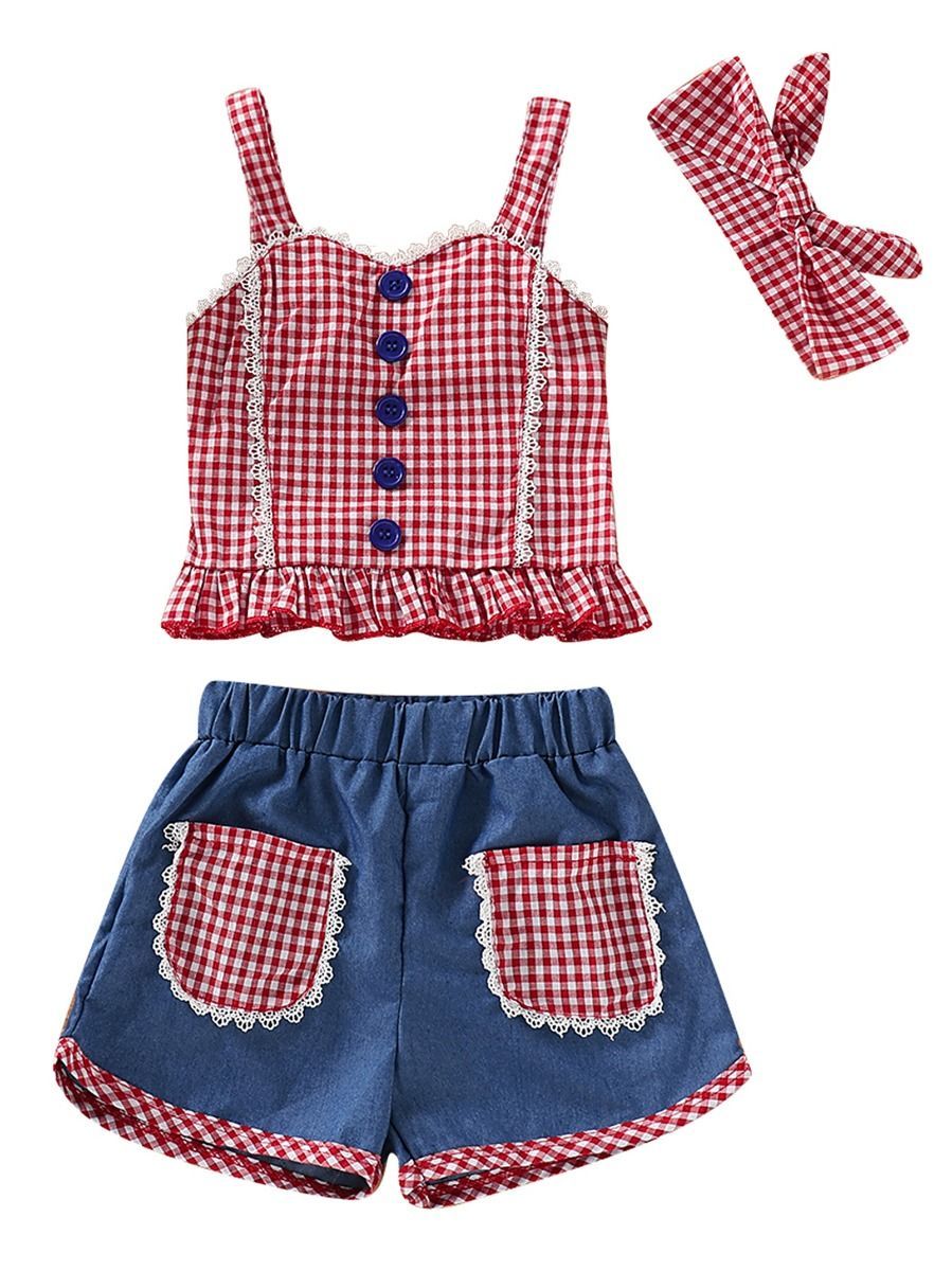 Baby Toddler Girl 3-Piece Set Checked Suspender Top+Shorts+Headband - dianjiang-