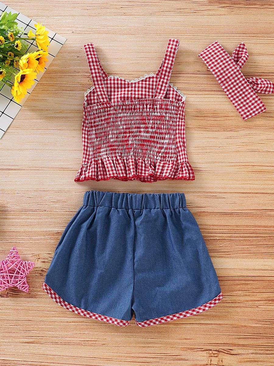 Baby Toddler Girl 3-Piece Set Checked Suspender Top+Shorts+Headband - dianjiang-