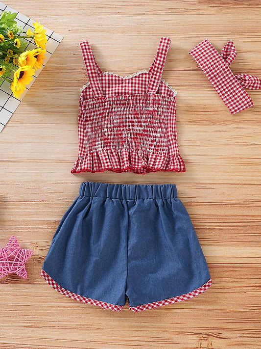Baby Toddler Girl 3-Piece Set Checked Suspender Top+Shorts+Headband - dianjiang-