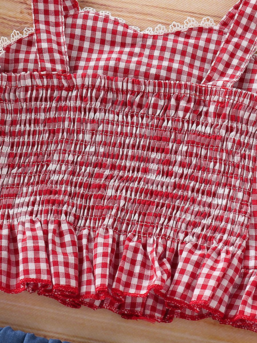 Baby Toddler Girl 3-Piece Set Checked Suspender Top+Shorts+Headband - dianjiang-