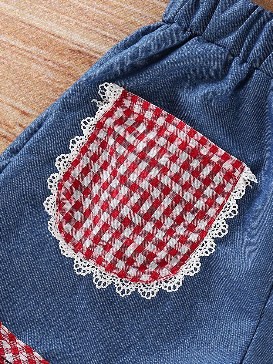 Baby Toddler Girl 3-Piece Set Checked Suspender Top+Shorts+Headband - dianjiang-