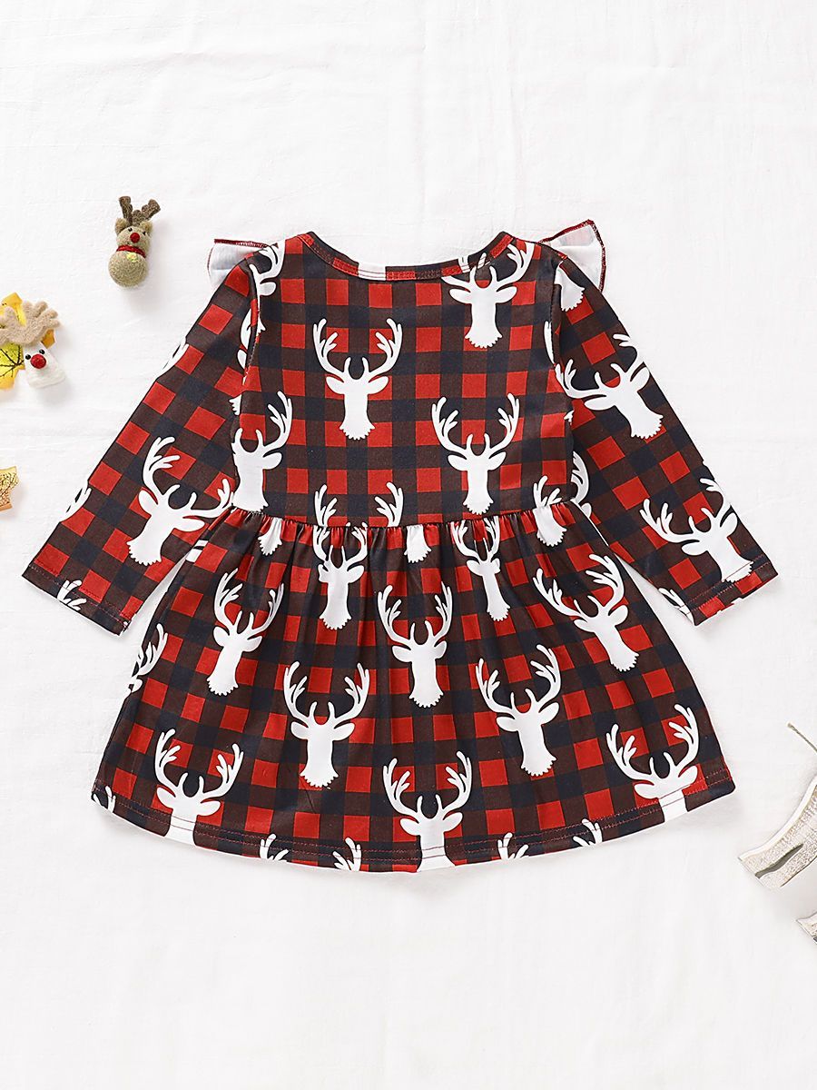 Baby Toddler Girl Christmas Reindeer Ruffled Sleeve Dress - dianjiang-