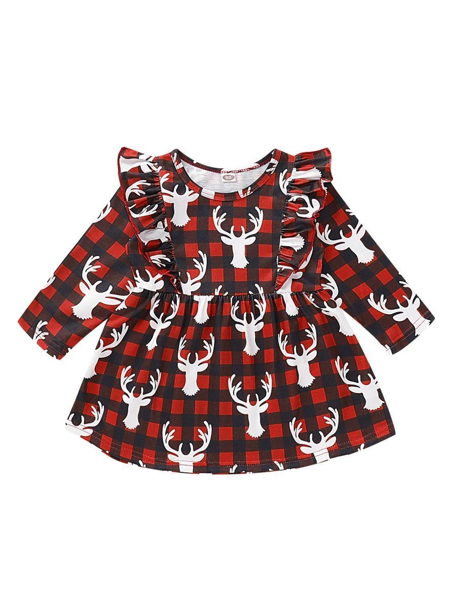 Baby Toddler Girl Christmas Reindeer Ruffled Sleeve Dress - dianjiang-