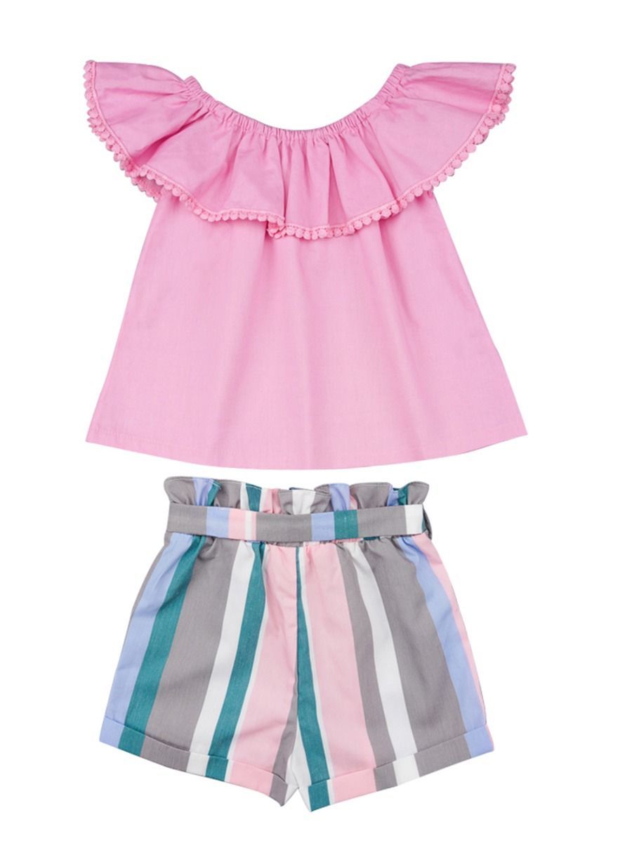 Baby Toddler Girl Clothes Outfit Off Shoulder Top Matching Bow Stripe Shorts - dianjiang-