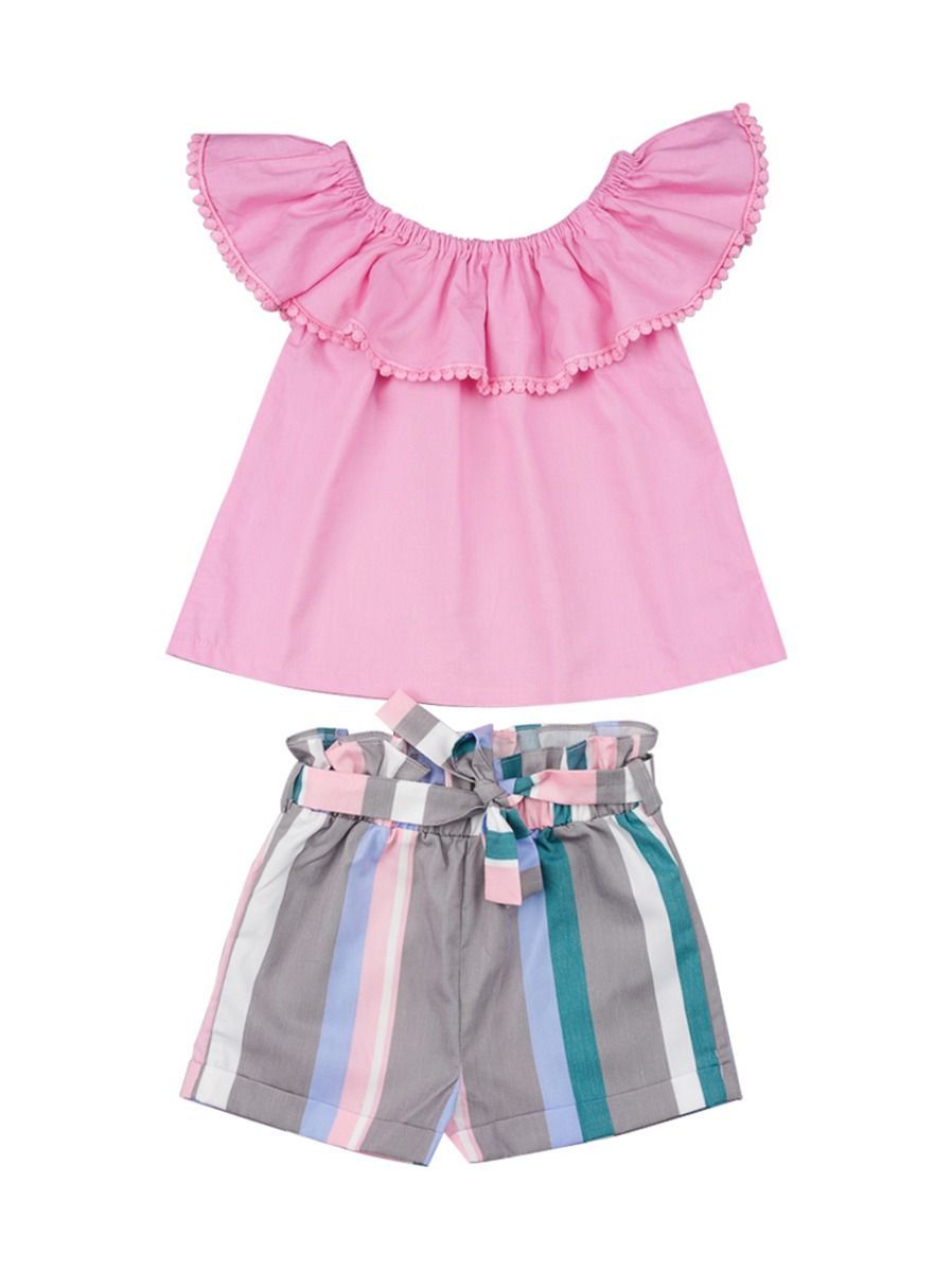 Baby Toddler Girl Clothes Outfit Off Shoulder Top Matching Bow Stripe Shorts - dianjiang-