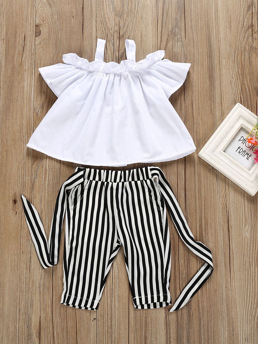 Baby Toddler Girl White Ruffle Suspender Top+Casual Pants 2-Piece Summer Outfits - dianjiang-