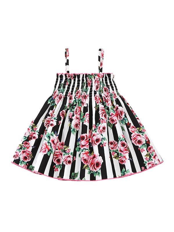 Floral Print Black White Stripes Suspender Dress Baby Toddler Girls Clothes - dianjiang-