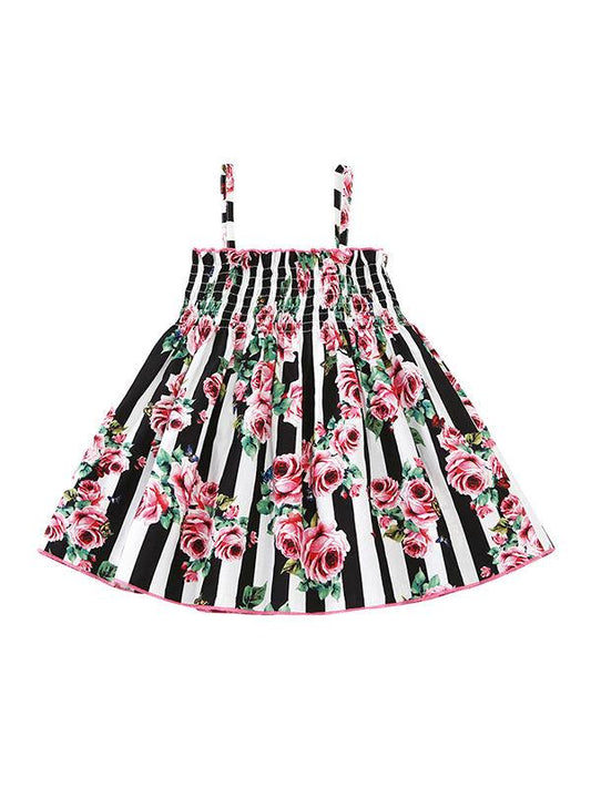 Floral Print Black White Stripes Suspender Dress Baby Toddler Girls Clothes - dianjiang-