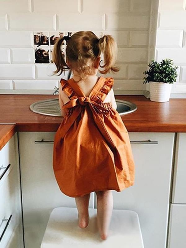 Baby Toddlers Girls Solid Color Flutter Sleeve Cotton Dress - dianjiang-