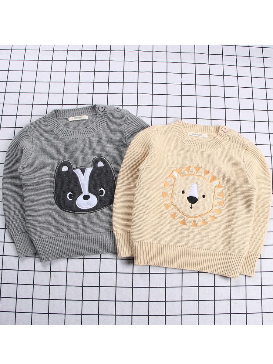Winter Cute Sweater Bear Lion Embroidery Pattern Jumper Classic Crew Neck Knitwear - dianjiang-