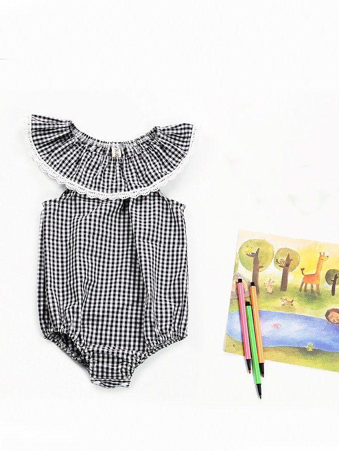 Black & White Plaid Lace Trimmed Baby Girl Bodysuit - dianjiang-