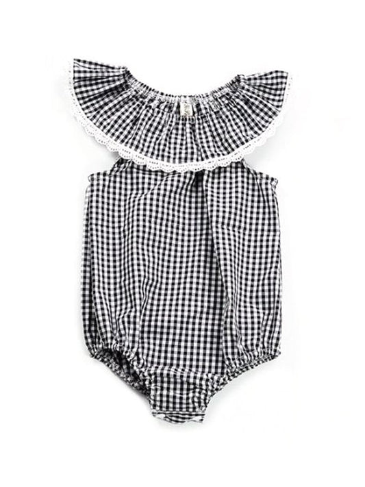 Black & White Plaid Lace Trimmed Baby Girl Bodysuit - dianjiang-