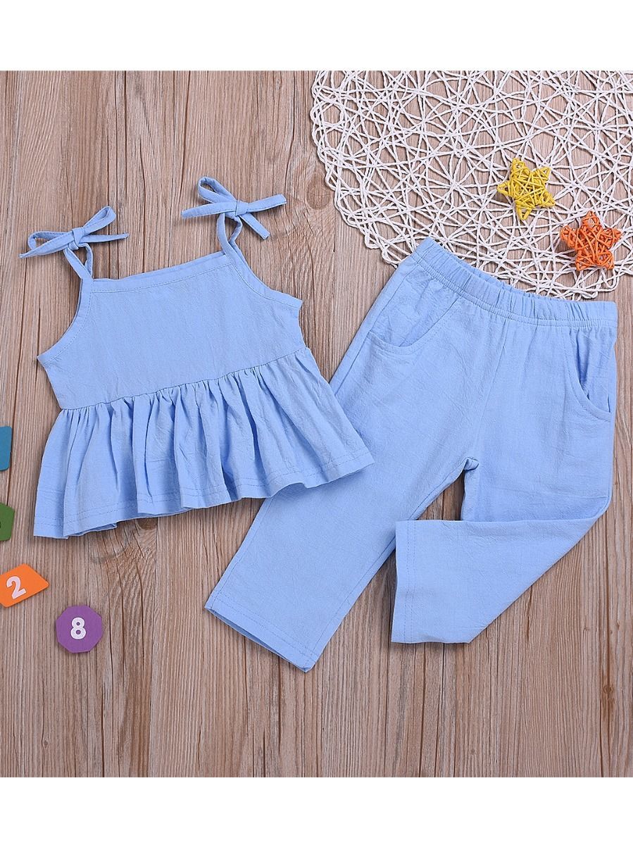 Baby Little Girl Blue Clothes Outfit Tie Ruffle Top Matching Pants - dianjiang-