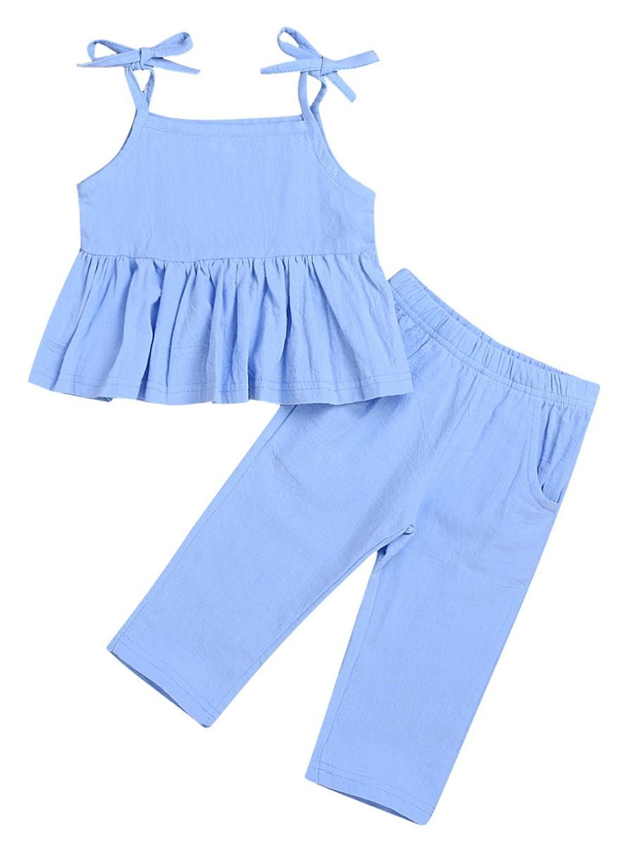 Baby Little Girl Blue Clothes Outfit Tie Ruffle Top Matching Pants - dianjiang-