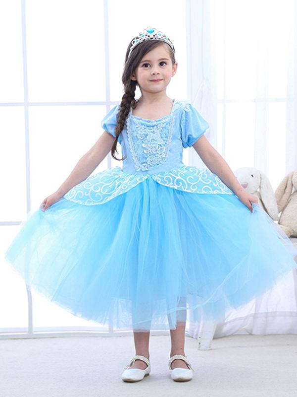 Blue Little Girls Short Sleeves Appliqued Cotton Blue Princess Party Dress - dianjiang-