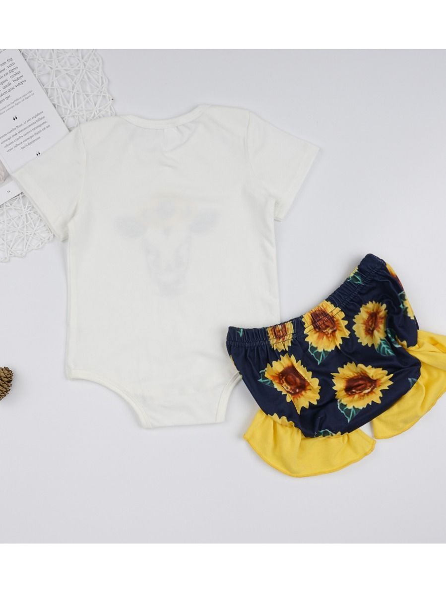 2-Piece Outfits Baby Cow Bodysuit Matching Frilled Sunflower Shorts - dianjiang-