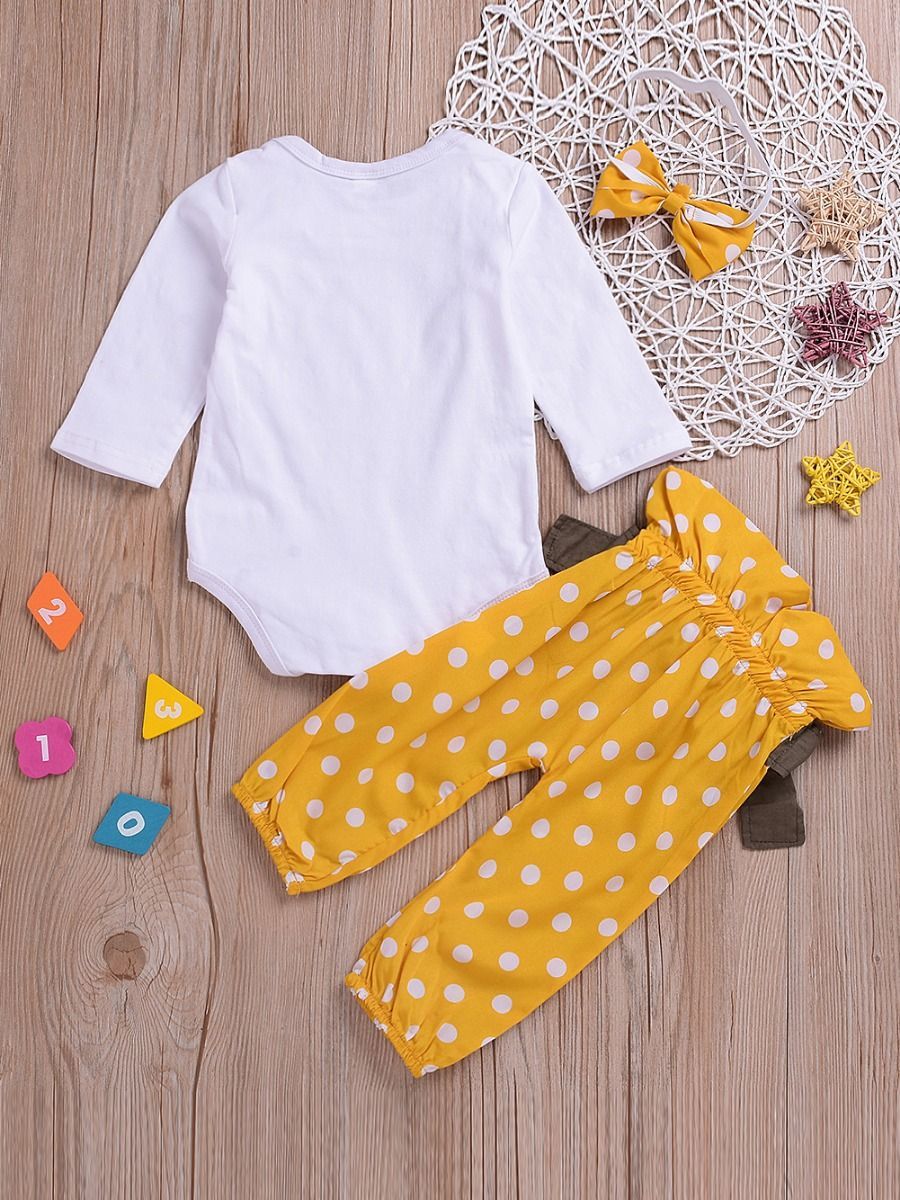 3-piece Stylish Outfits Letters Print Bodysuit + Bow Polka Dots Pants +Headband - dianjiang-