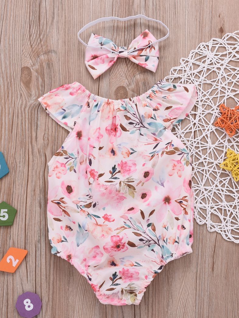 Summer Infant Girl Onesies Short-sleeved Flower Bodysuit with Headband - dianjiang-