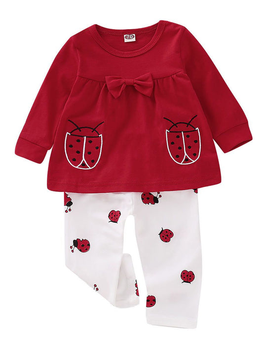 Bow Ladybird  Print Red Top+Pants 2-Piece Baby Girl Cute Outfit - dianjiang-