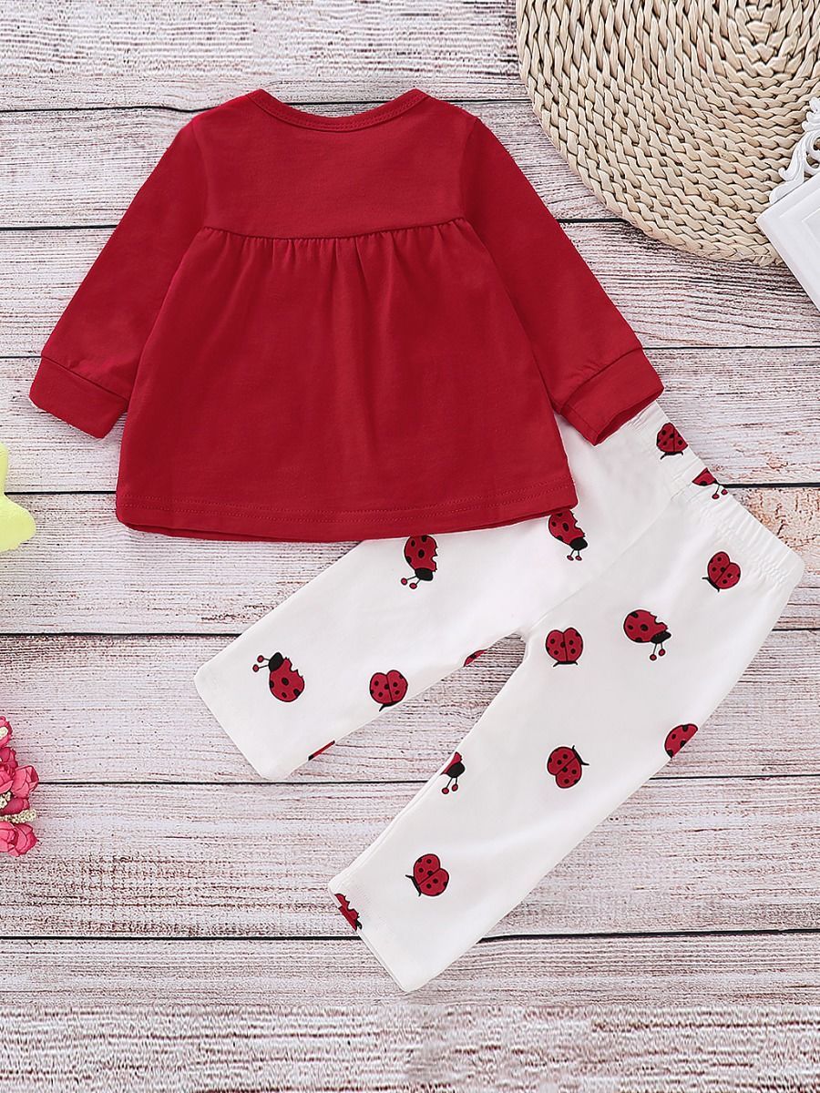 Bow Ladybird  Print Red Top+Pants 2-Piece Baby Girl Cute Outfit - dianjiang-